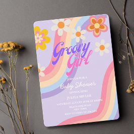 Invitación Chica Groovy ducha Retro Rainbow bebé