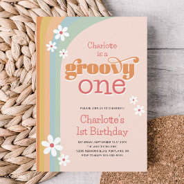 Invitación Chica Groovy One Retro Daisies Primer cumpleaños