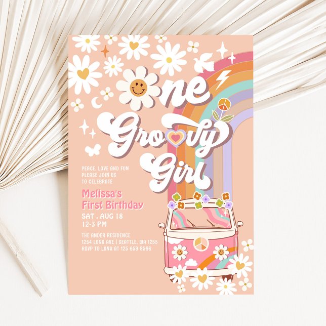 Invitación Chica Groovy Rosa Daisy Arcoíris 1er Cumpleaños (Subido por el creador)