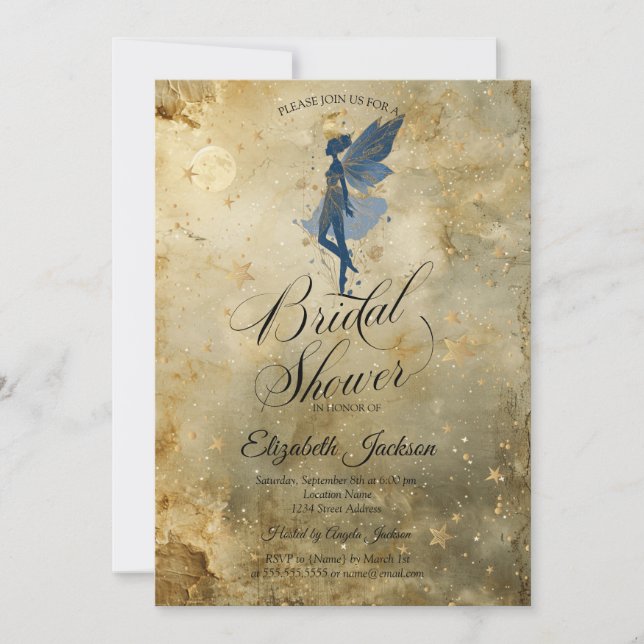 Invitación Chica Hada Luna Celestial Oro Despedida de Soltera (Anverso)
