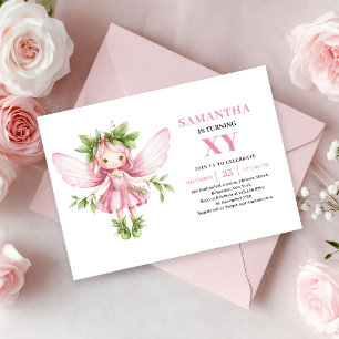 Invitación Chica Hada Rosa Caprichosa Cumpleaños 1º Floral