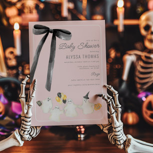 Invitación Chica Halloween Fantasma y Black Bow Baby Shower