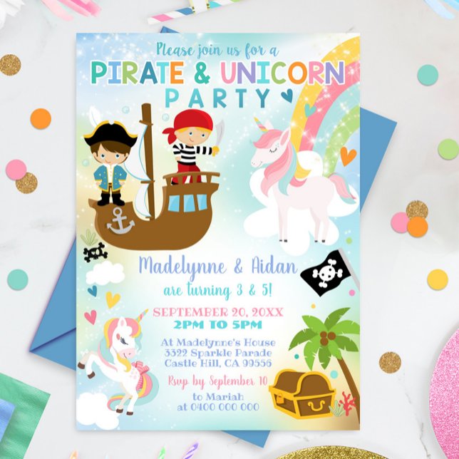 Invitación Chica hermano del pirata y unicornio invitando a u (Pirate and Unicorn Birthday Invitation. Perfect for Twins, Sibling or Joint Birthday Party.)