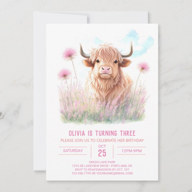 Invitación Chica Highland Cow Dream Birthday (Anverso)