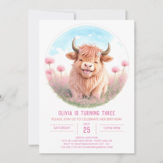 Invitación Chica Highland Cow Fiesta Chica Cumpleaños (Anverso)