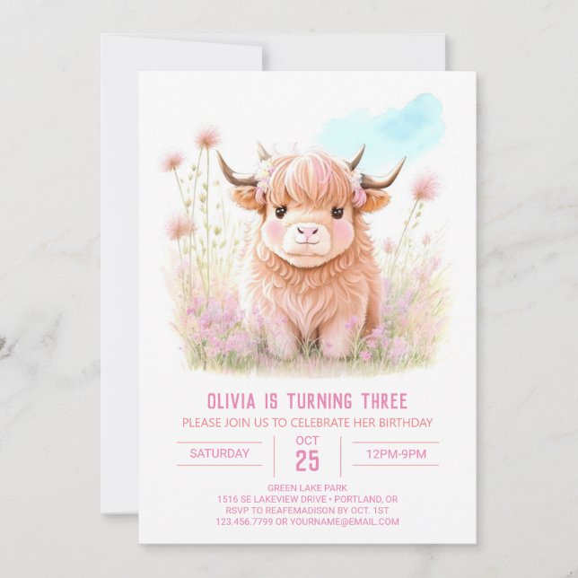 Invitación Chica Highland Cow Pampas Cumpleaños (Anverso)