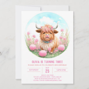 Invitación Chica Highland Cow y Pampas