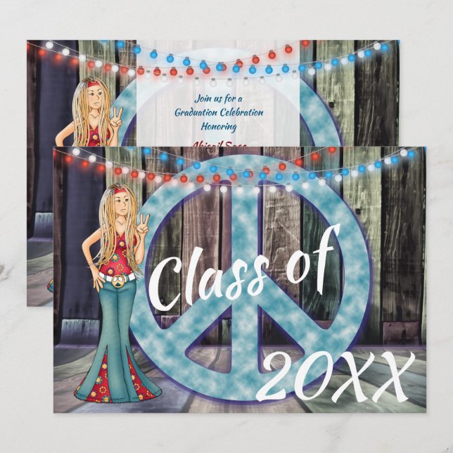 Invitación Chica hippie, signo de paz y graduación de luces (Anverso / Reverso)