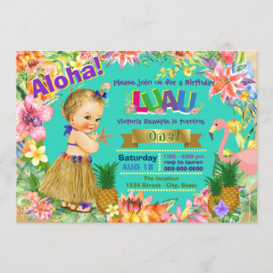 Invitación Chica Hula Flamingo Fiesta Hawaiana Cumpleaños