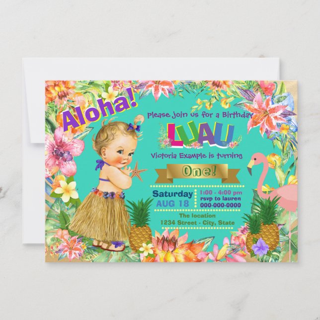 Invitación Chica Hula Flamingo Luau Fiesta Cumpleaños Hawaian (Anverso)