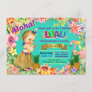 Invitación Chica Hula Flamingo Luau Fiesta Cumpleaños Hawaian