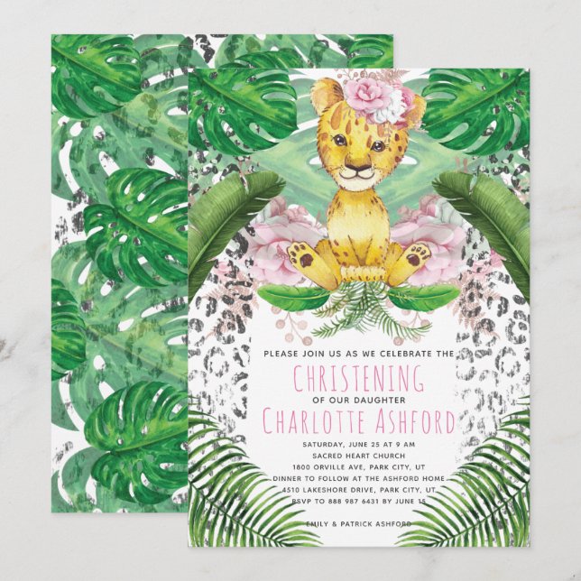 Invitación Chica Ilustracion León Safari Christening (Anverso / Reverso)