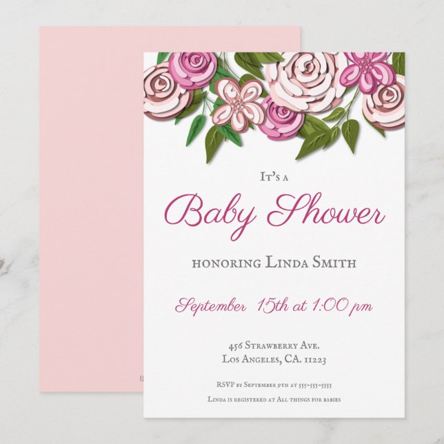 Invitación Chica Ilustrado Moderno Floral Rosa Baby Shower (Anverso / Reverso)