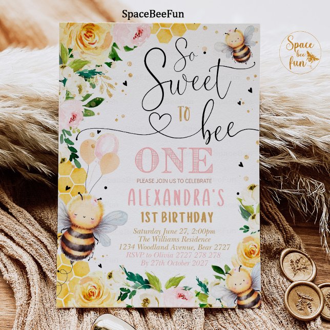 Invitación Chica invitado a cumpleaños con miel de abeja tan  (Bee Honey Birthday invitatiin Girl So Sweet to Bee invites Bee Honey Party Pink One birthday invite )