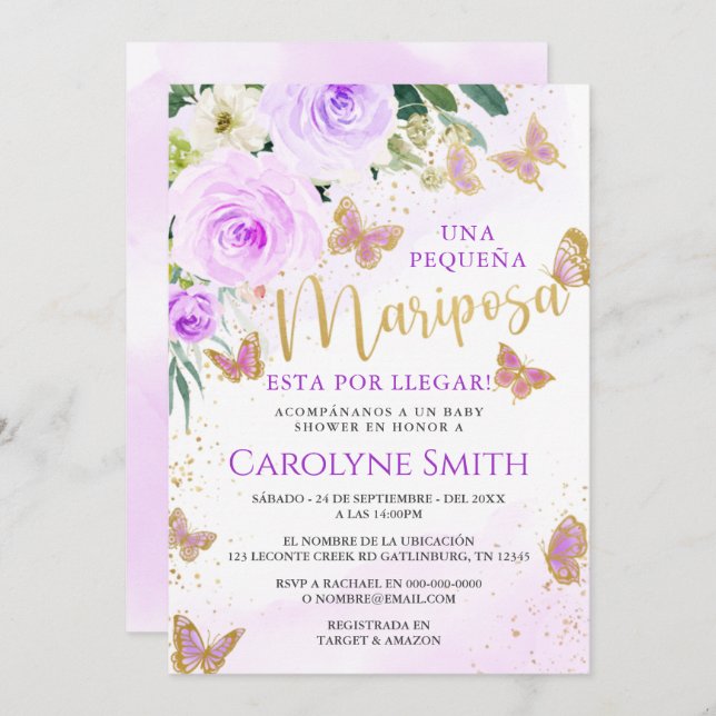Invitación Chica invitado Baby Shower de mariposa floral de L (Anverso / Reverso)