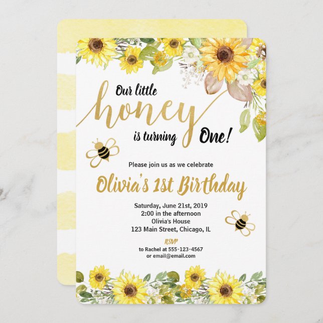 Invitación Chica invitado de cumpleaños de girasoles de abeja (Anverso / Reverso)