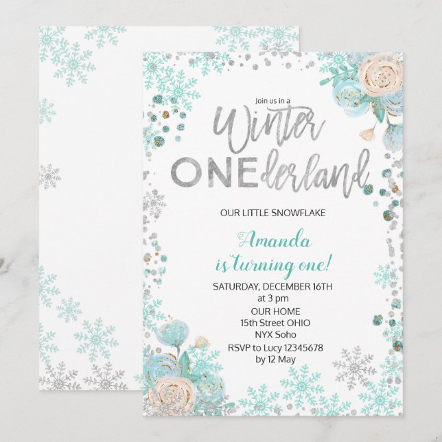 Invitación Chica invitado de cumpleaños de Onederland, invier (Anverso / Reverso)