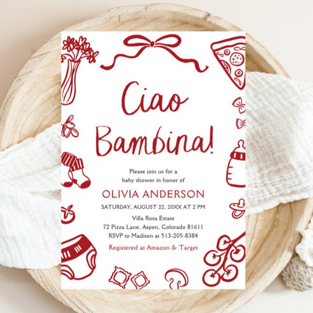 Invitación Chica italiano Ciao Bambina Wimsical Baby Shower (Watercolor Ciao Bambina Whimsical Italian Pizza Baby Shower Invitation)