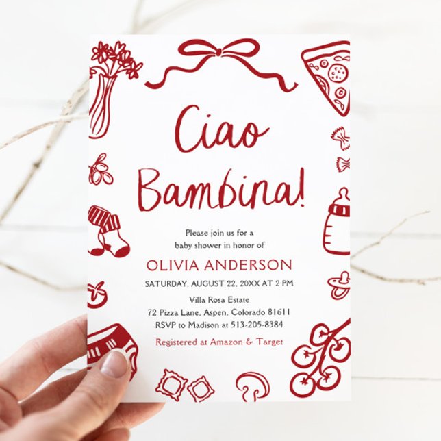 Invitación Chica italiano Ciao Bambina Wimsical Baby Shower (Watercolor Ciao Bambina Whimsical Italian Pizza Baby Shower Invitation)