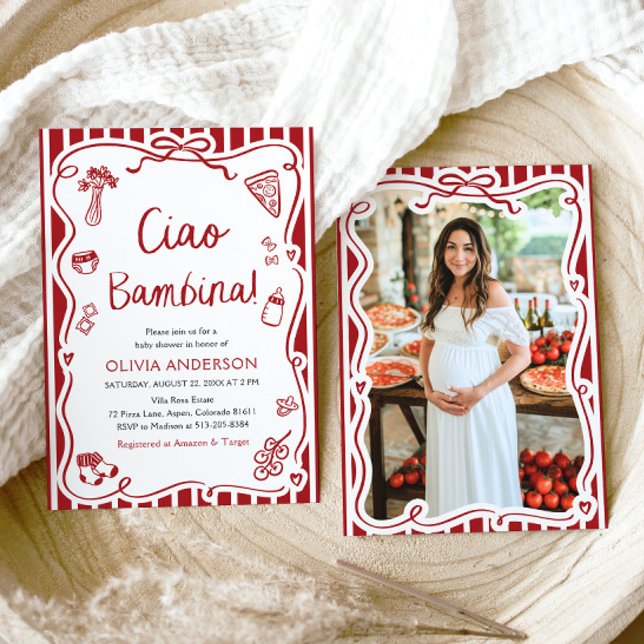 Invitación Chica italiano Ciao Bambina Wimsical Baby Shower (Watercolor Ciao Bambina Girl Whimsical Italian Baby Shower Invitation)
