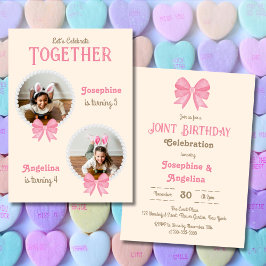 Invitación Chica Joint Birthday Cute Pink Bow Pearl Photo