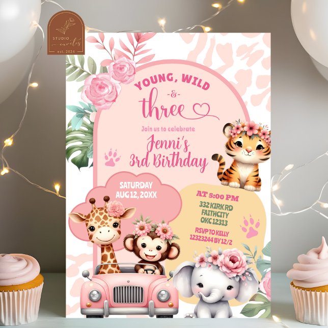 Invitación Chica Jóvenes salvajes y tres animales de Safari C (Subido por el creador)