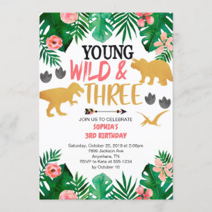 Invitación Chica Jóvenes Salvajes y Tres Dinosaurios Tercer C