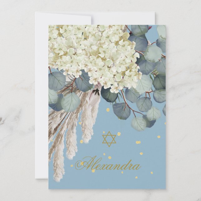 Invitación Chica judío bebé Naming Floral Foliage Blue Gold (Reverso)