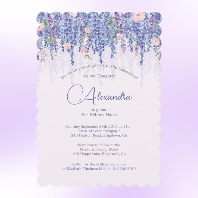 Invitación Chica judío bebé Naming Floral Lavanda Elegante (Subido por el creador)