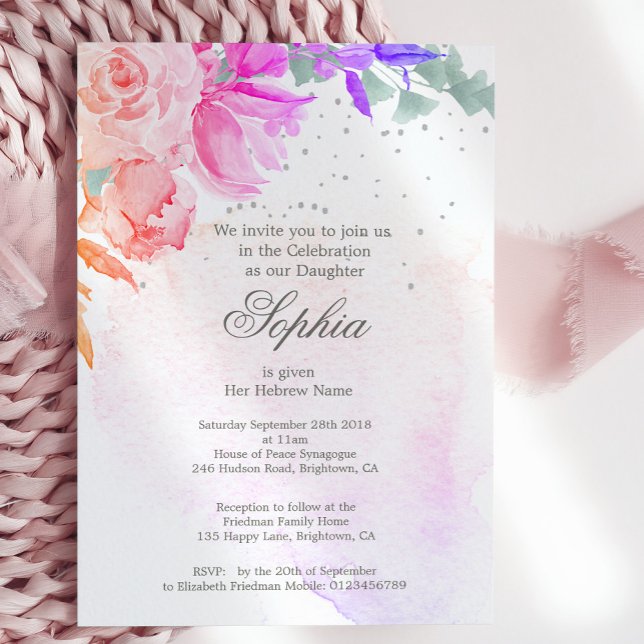 Invitación Chica judío bebé Naming Purple Lavender Floral (Subido por el creador)