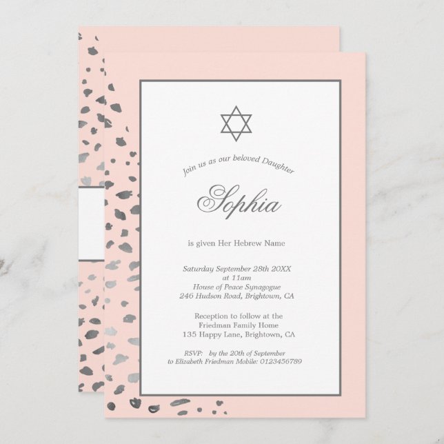 Invitación Chica judío bebé nombra puntos rosados de plata he (Anverso / Reverso)
