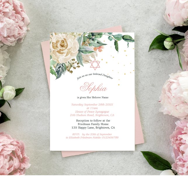Invitación Chica judío bebé nombra rosas rosas rosas rosas ro (Subido por el creador)