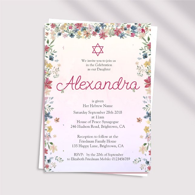 Invitación Chica Judío Bebé Nombrando Estrella Rosa Floral De (Subido por el creador)