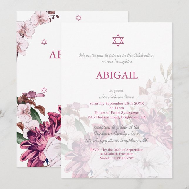 Invitación Chica judío Ceremonia de Nombramiento Floral Hebre (Anverso / Reverso)