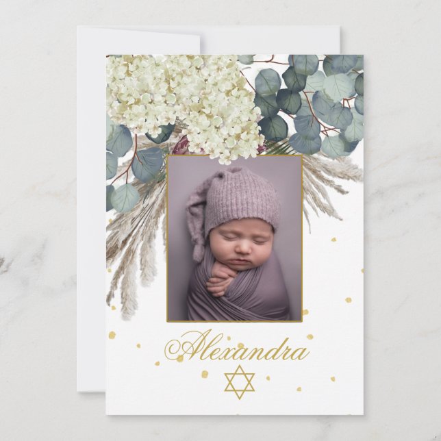 Invitación Chica judío Foto bebé Naming Floral Gold (Reverso)