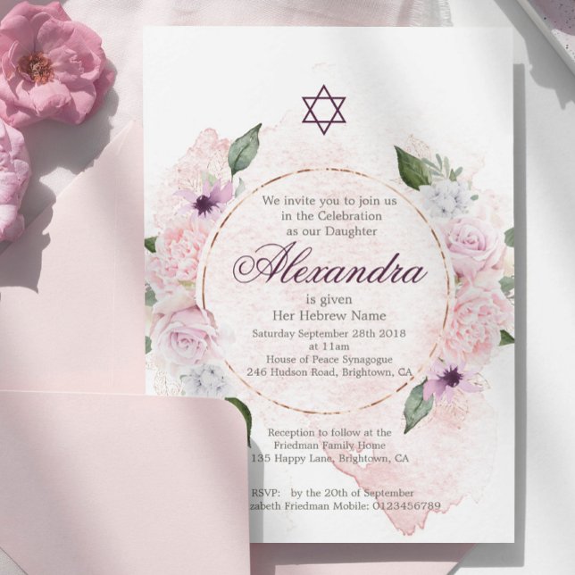 Invitación Chica Judío Nombrando Estrella Rosa Rosa De David (Subido por el creador)