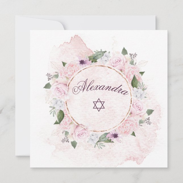 Invitación Chica Judío Nombrando Estrella Rosa Rosa De David  (Reverso)