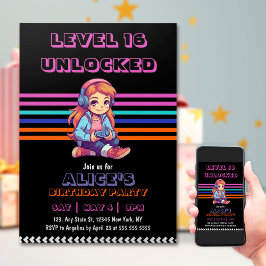 Invitación Chica Juego de Videojuegos Nivel Arriba Cumpleaños