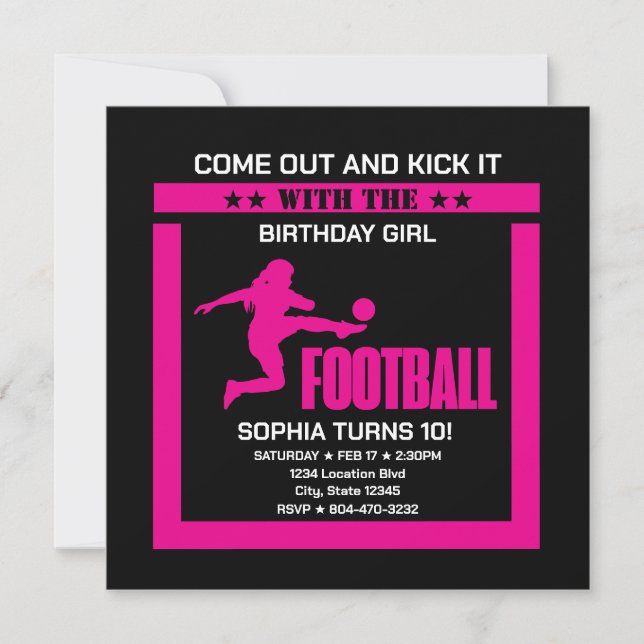Invitación Chica Jugadora de Fútbol Rosa, Equipo de Cumpleaño (Anverso)