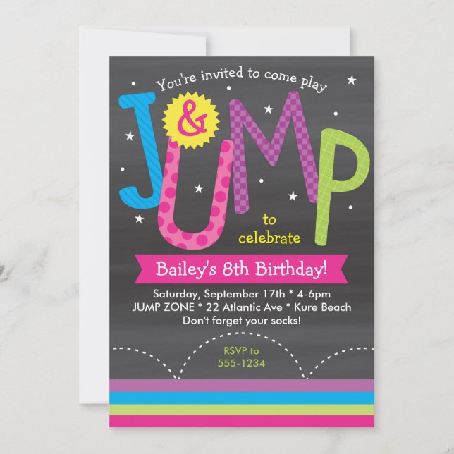 Invitación Chica Jump Birthday Party Chalkboard Pink Purple (Anverso)