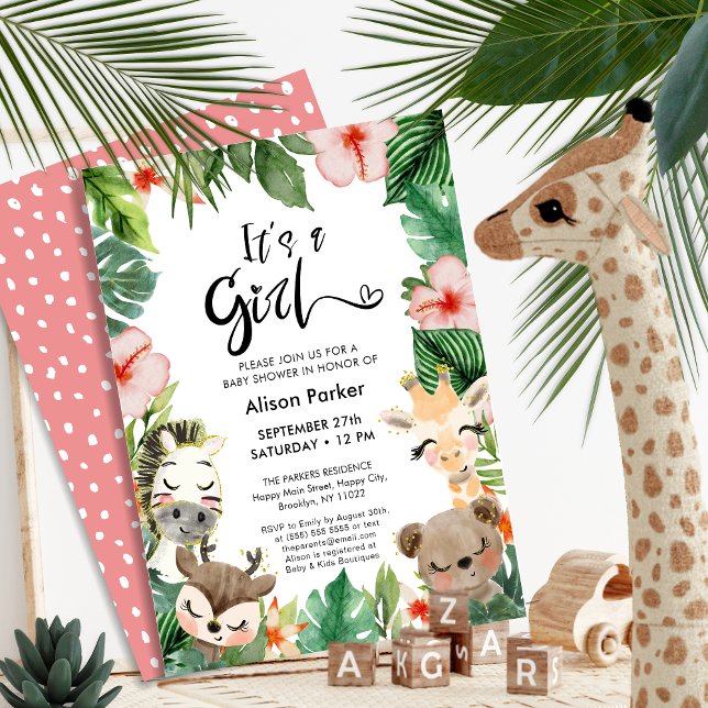 Invitación Chica Jungle Safari Tropical Green Baby Shower (Subido por el creador)