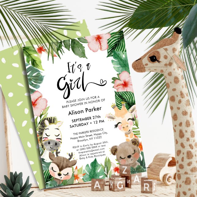 Invitación Chica Jungle Safari Tropical Green Baby Shower (Subido por el creador)