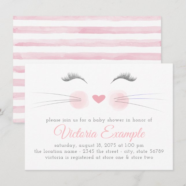 Invitación Chica Kitten Face Watercolor Baby Shower (Anverso / Reverso)