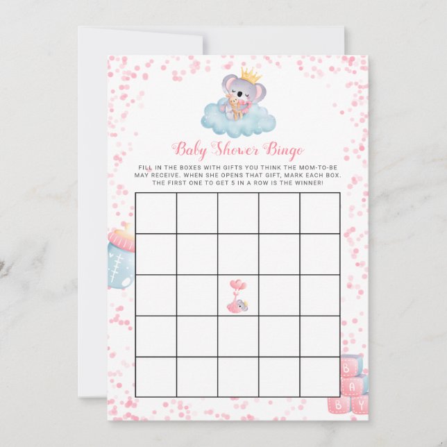 Invitación Chica Koala Bear Baby Shower Bingo Card (Anverso)