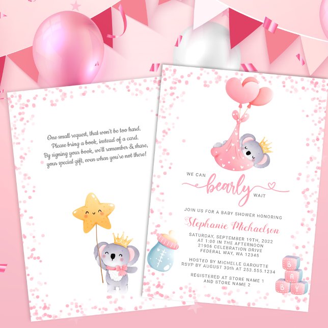 Invitación Chica Koala Bear con Baby Shower de solicitud de l (Girl Koala Bear with Book Request Baby Shower Invitation)