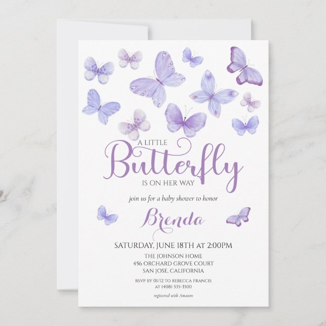 Invitación Chica Lavender Little Butterfly Baby Shower (Anverso)