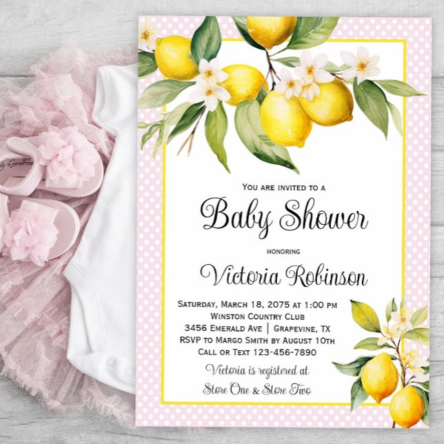 Invitación Chica Lemon Baby Shower (Girl lemon baby shower invitations with pretty lemons on a baby pink dot background.)
