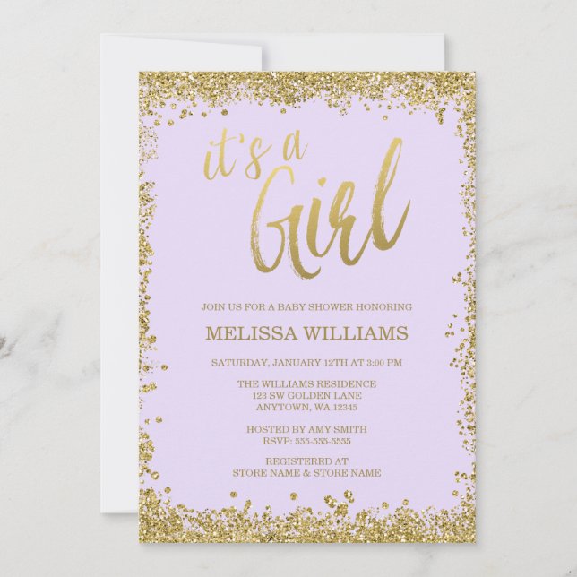 Invitación Chica Lilac Purple Faux Gold Purpurina Baby Shower (Anverso)