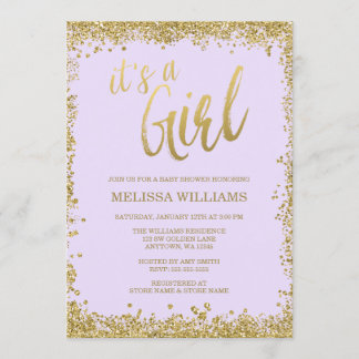 Invitación Chica Lilac Purple Faux Gold Purpurina Baby Shower