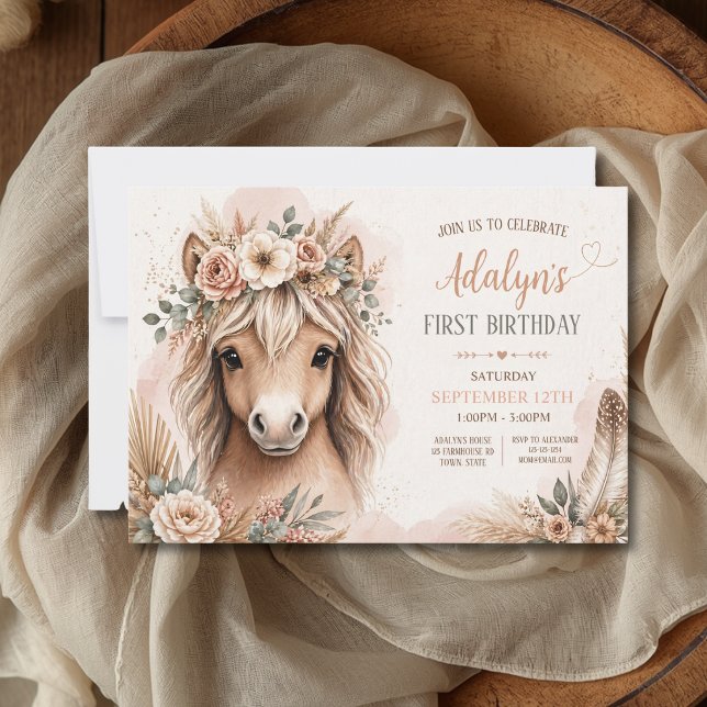 Invitación Chica Linda Boho Cumpleaños de Caballo Primer Año (Subido por el creador)